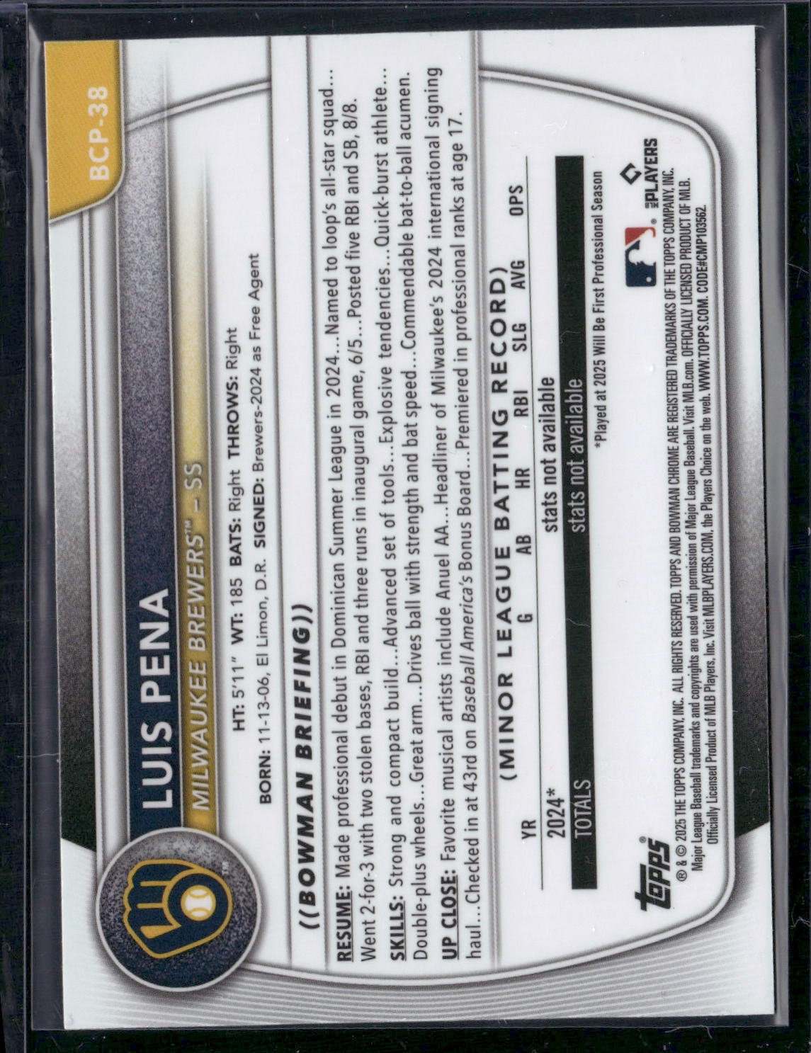 2025 Bowman LUIS PENA #BCP-38 Chrome Mojo 1st Bowman