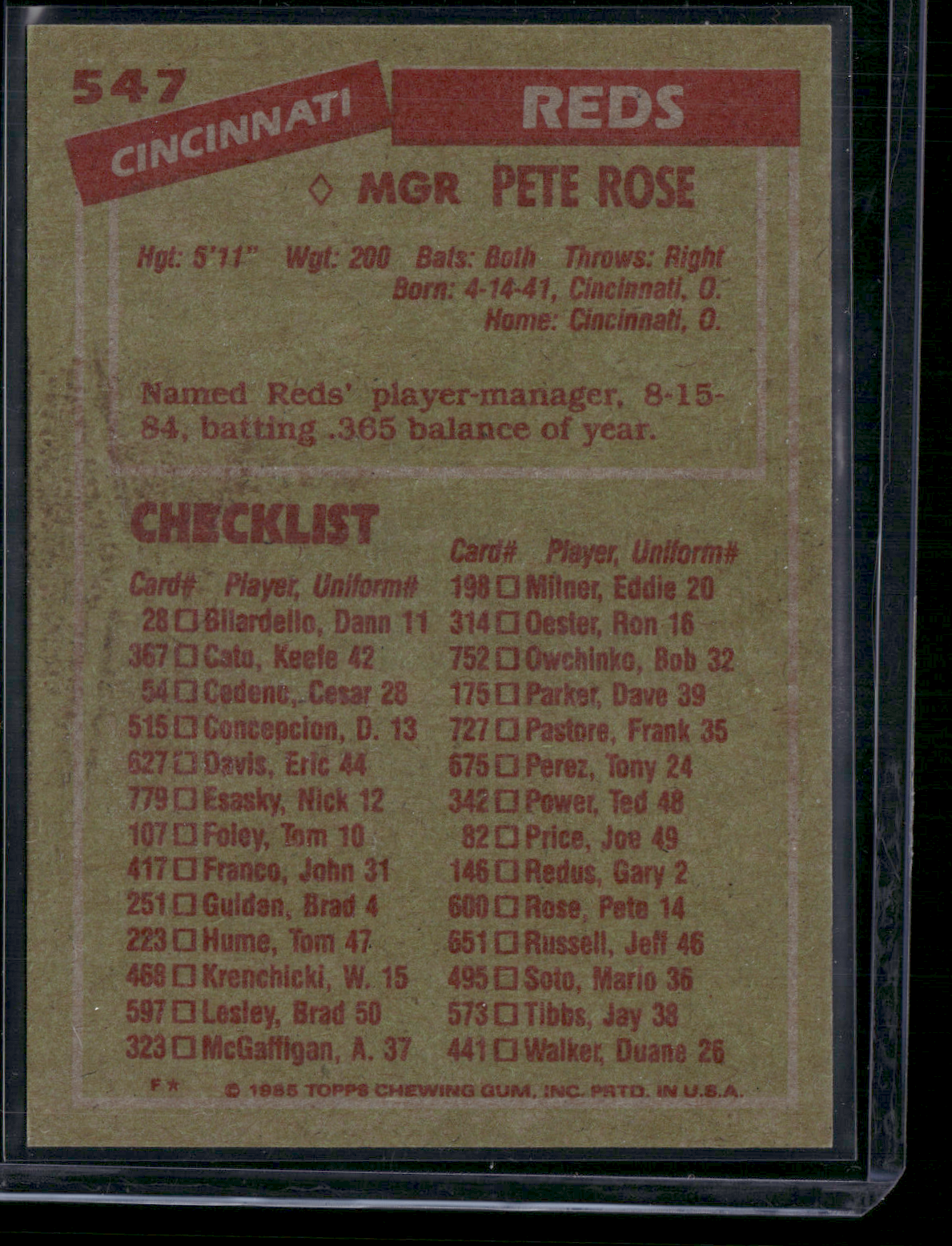 1985 Topps PETE ROSE #547 Wax Stains on Back (EX)