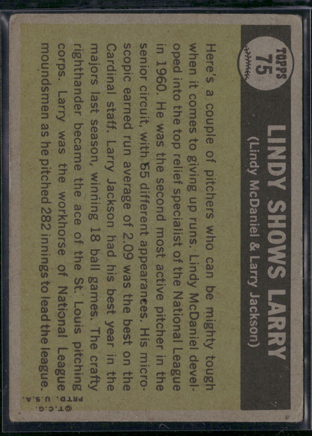 1961 Topps LINDY MCDANIEL/LARRY JACKSON #75 Lindy Shows Larry Toning (VG)