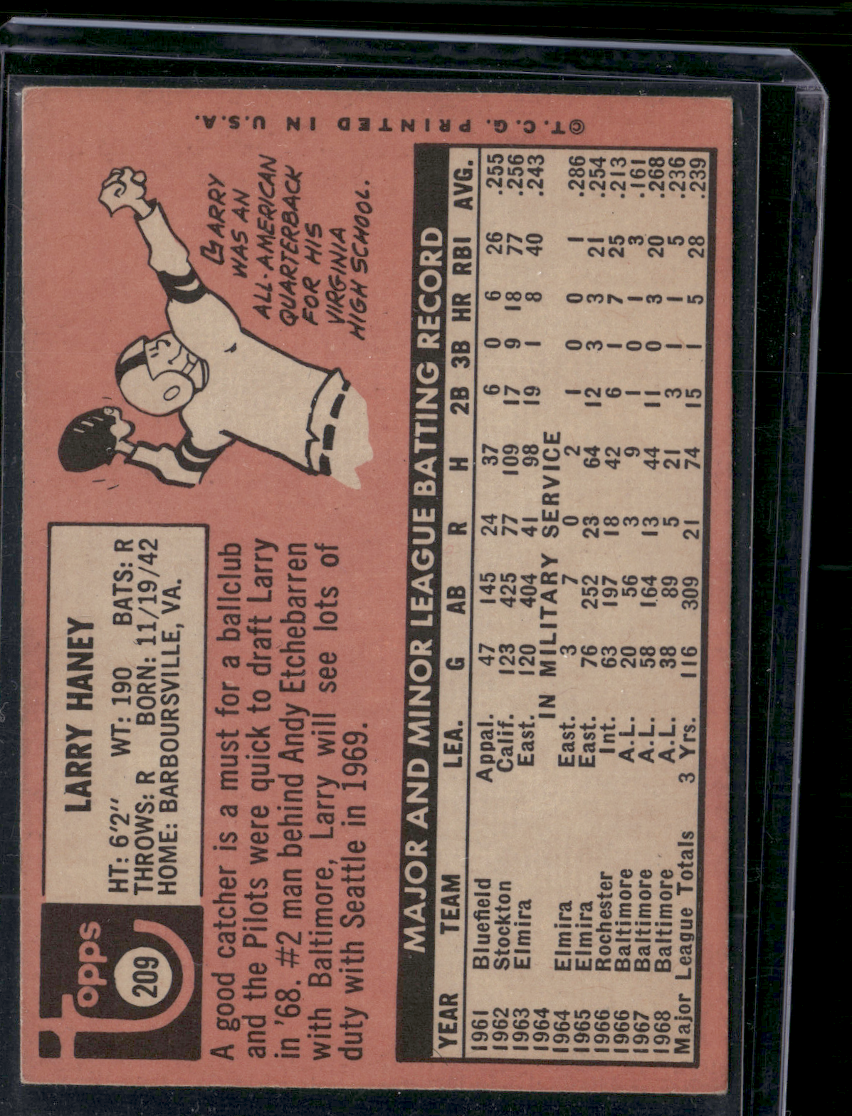 1969 Topps LARRY HANEY #209 Stain top front (VG)