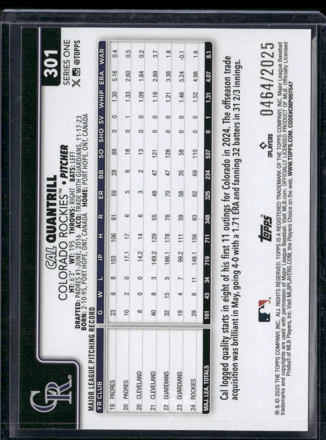 2025 Topps Series 1 CAL QUANTRILL #301 Gold Foil 464/2025