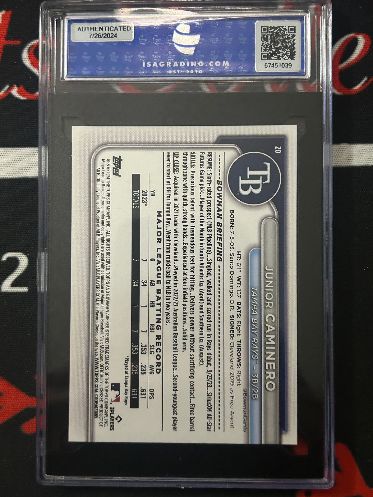 2024 Bowman Junior Caminero #20 ISA 10 Rookie RC