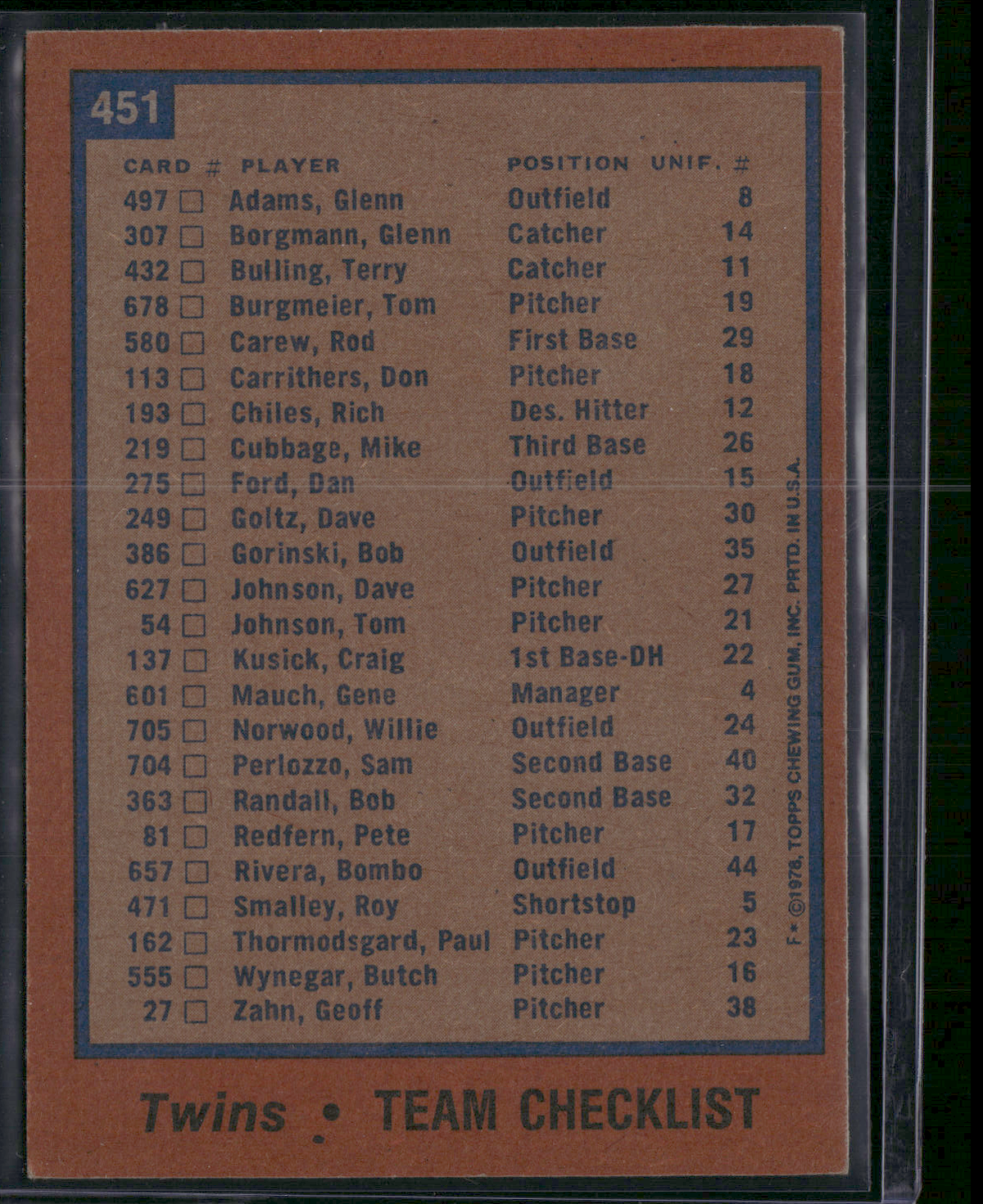 1978 Topps MINNESOTA TWINS #451 (EX-EX/MT)