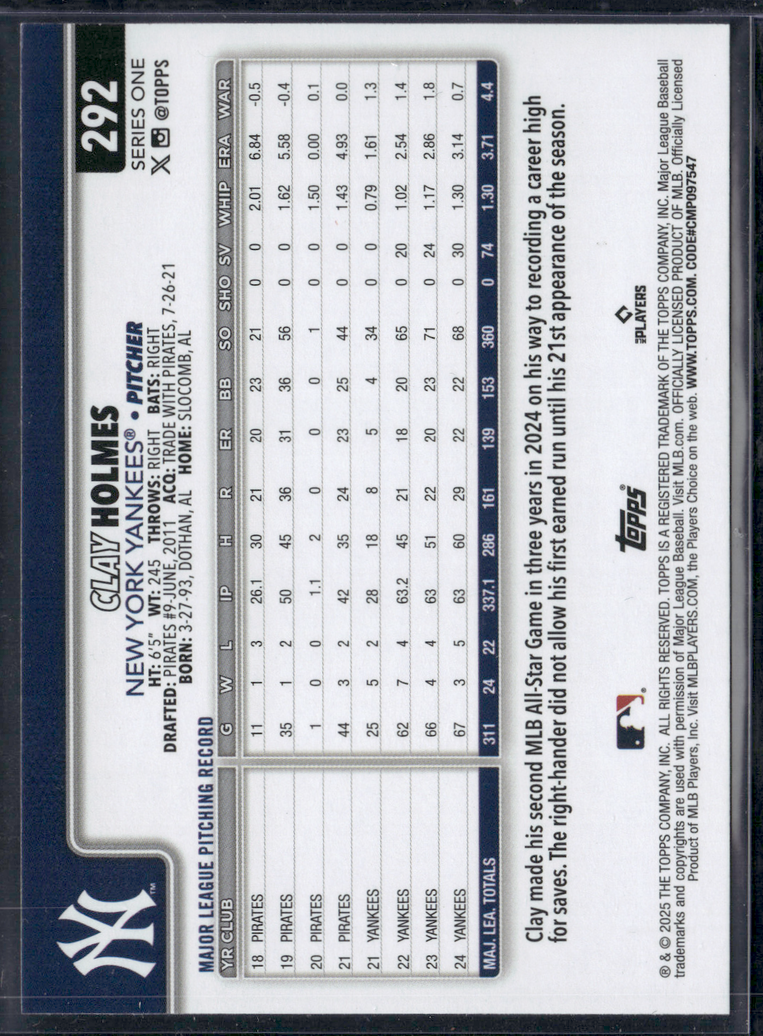 2025 Topps Series 1 CLAY HOLMES #292 Rainbow Foil