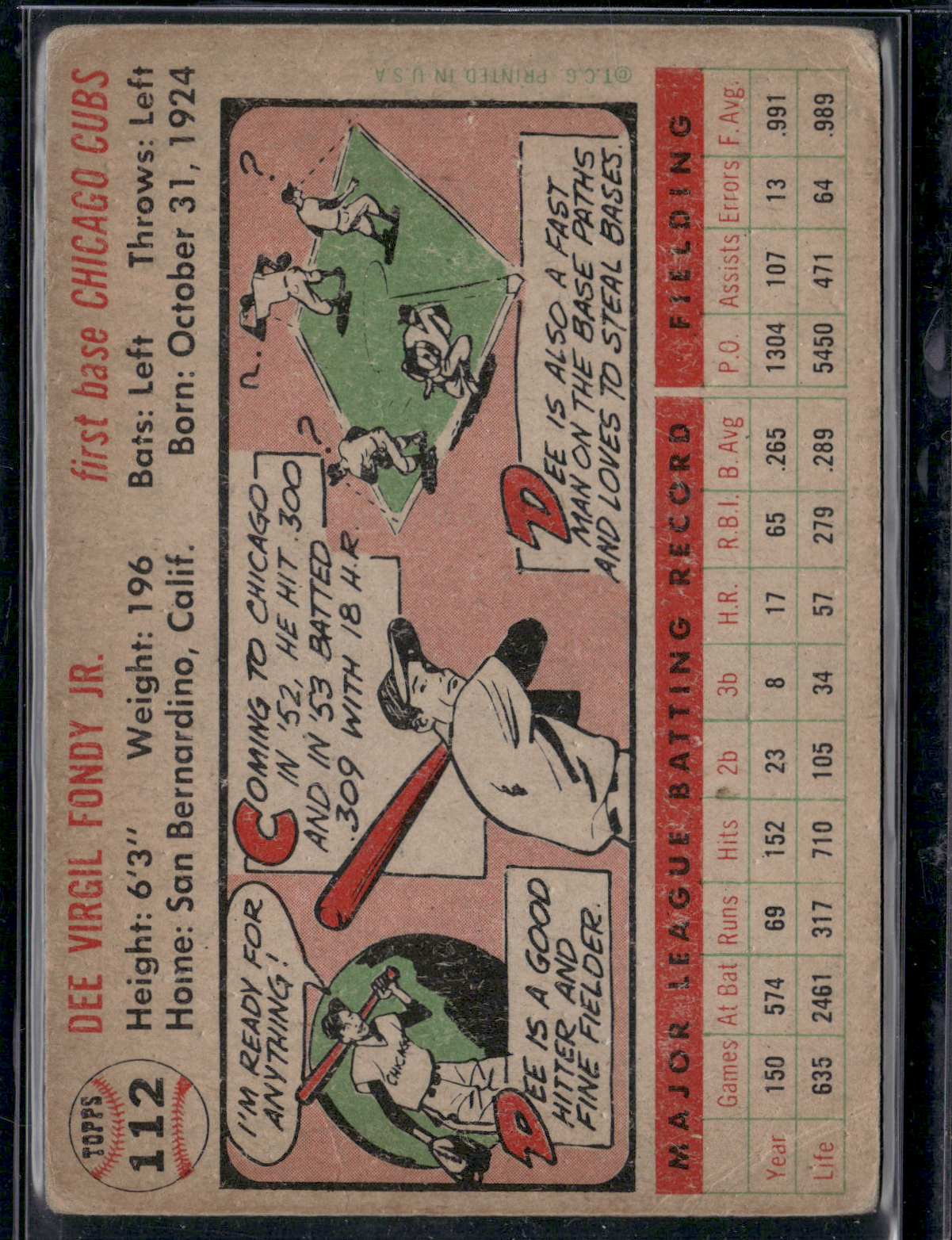1956 Topps DEE FONDY #112 Corner Crease and Surface scratches