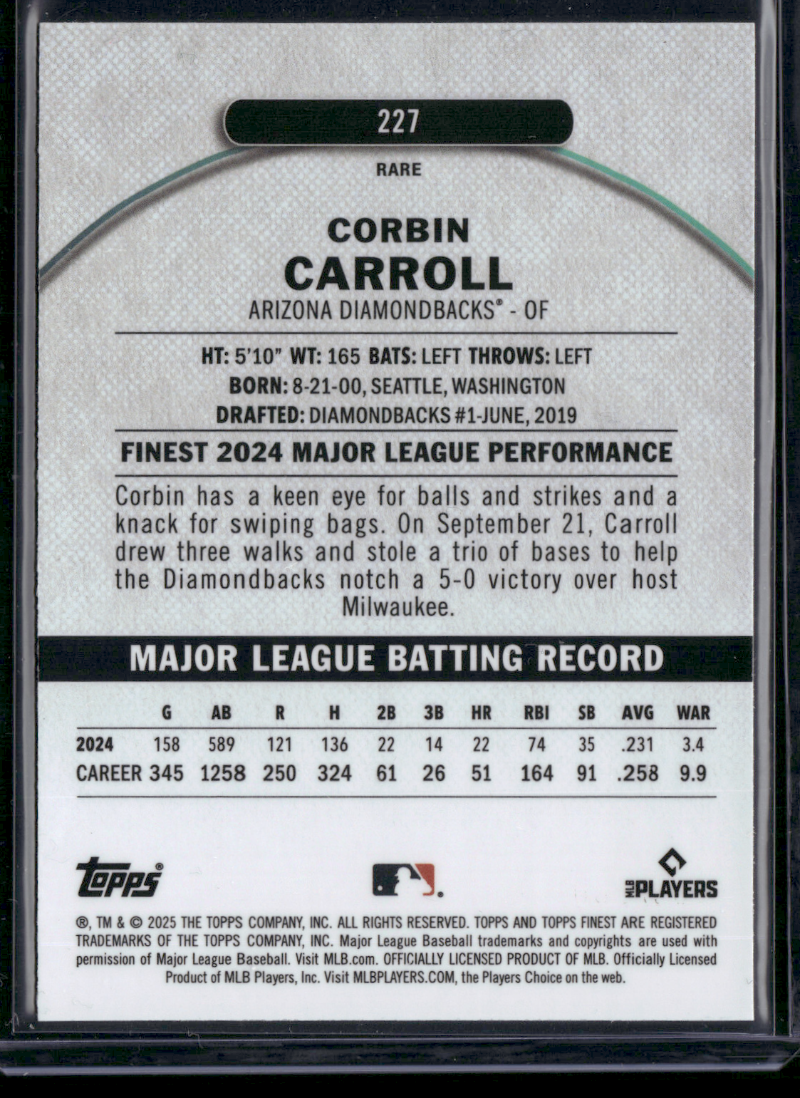 2025 Finest CORBIN CARROLL #227 Magenta Refractor 1/200