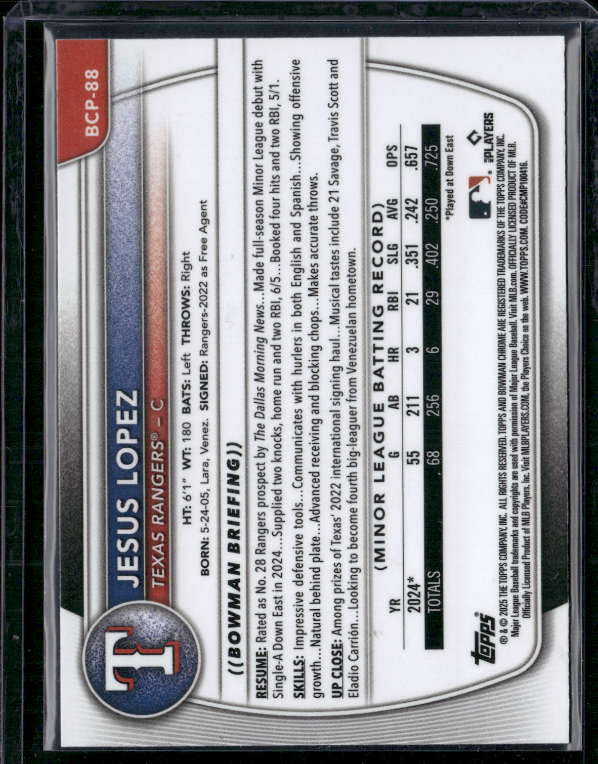 2025 Bowman JESUS LOPEZ #BCP-88 1st Bowman Chrome