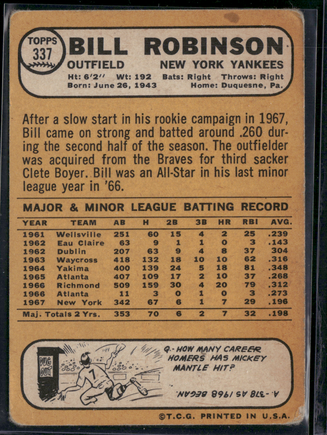 1968 Topps BILL ROBINSON #337 (Good - Light Scratches)