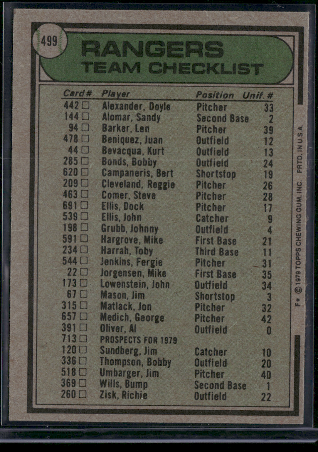 1976 Topps TEXAS RANGERS #499 (EX)