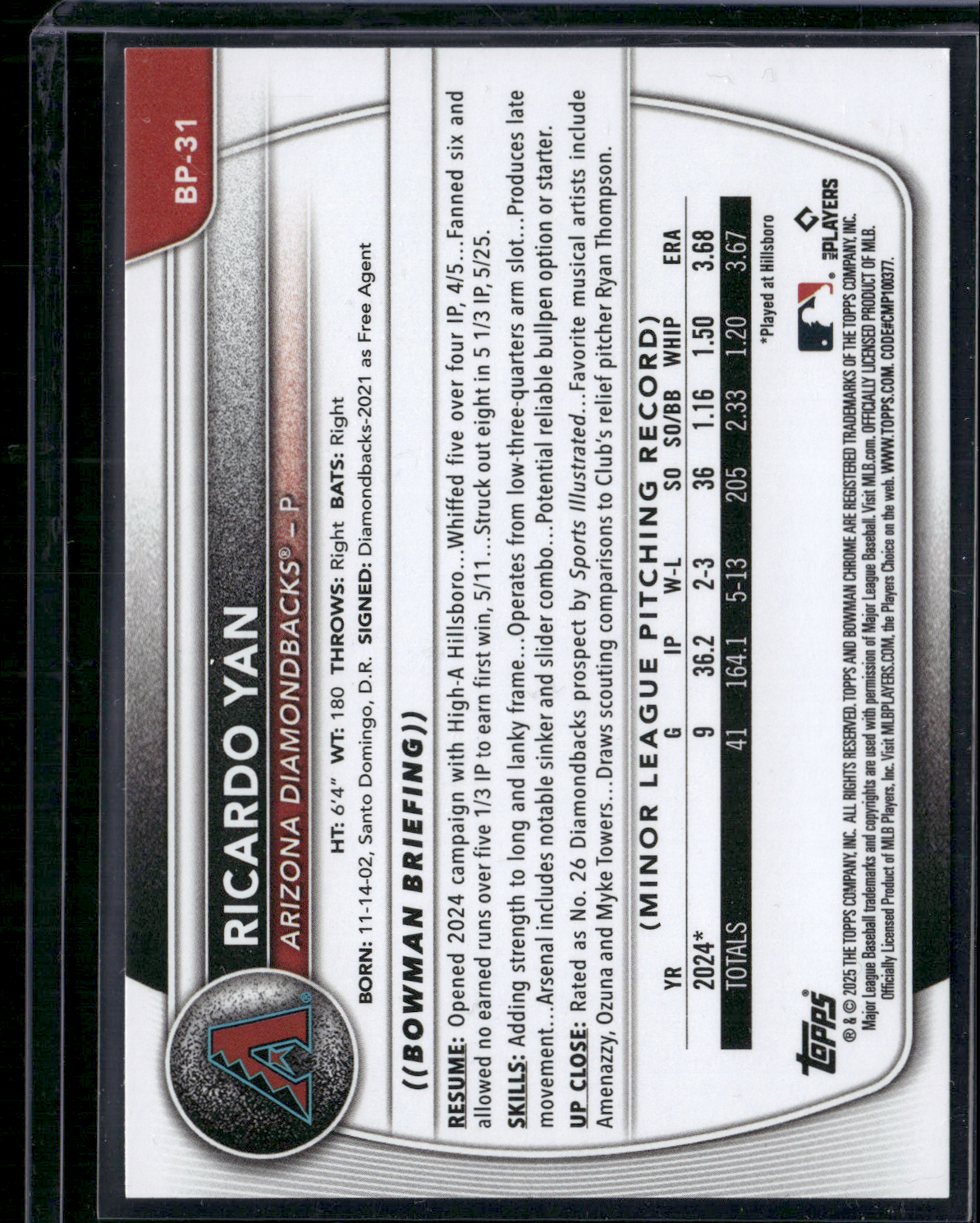 2025 Bowman RICARDO YAN #BP-31 1st Bowman