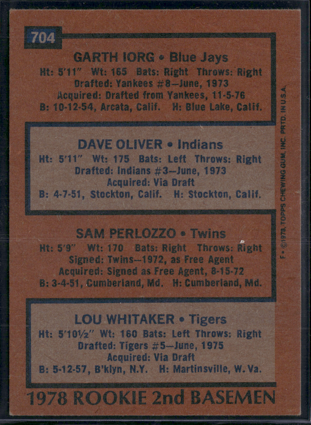 1978 Topps LOU WHITAKER/IORG/OLIVER/PERLOZZO #704 78 Rookie 2ndBasemen(EX-EX/MT)