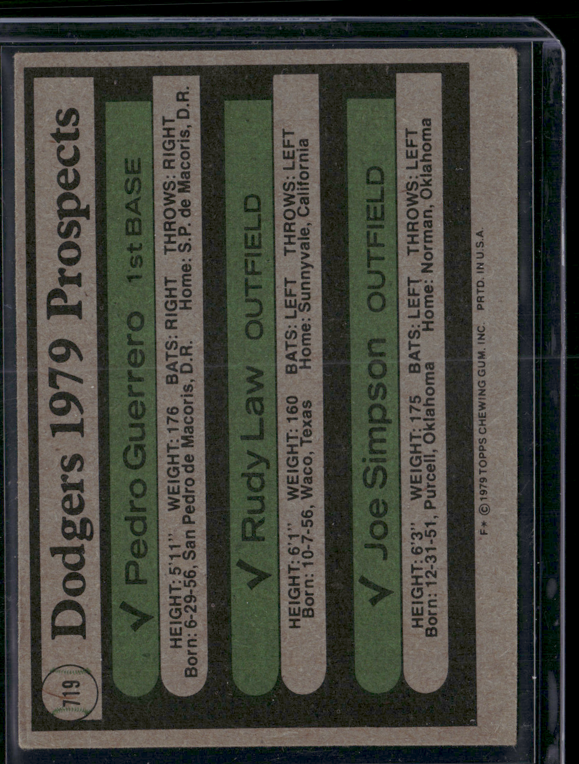 1979 Topps PEDRO GUERRERO/RUDY LAW/JOE SIMPSON #719 1979 Dodger Prospects(VG/EX)