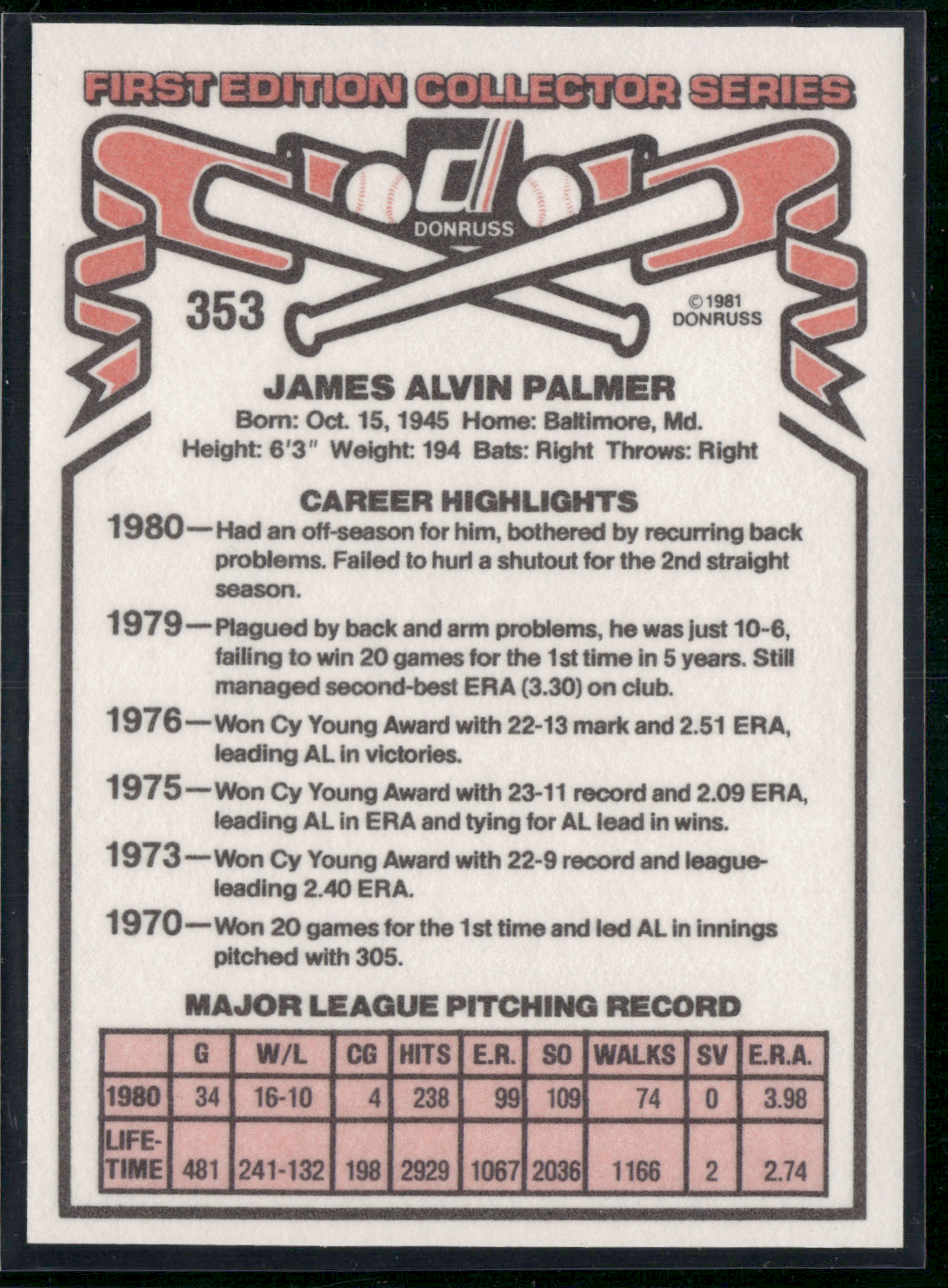 1981 Donruss JIM PALMER #353 (NM)