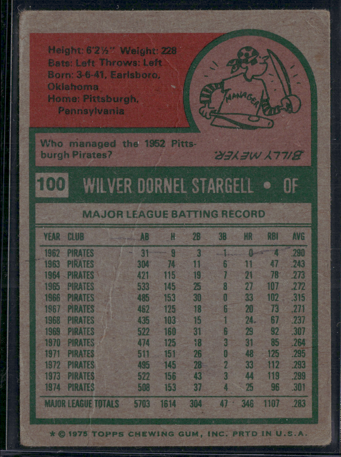 1975 Topps WILLIE STARGELL #100 Light Wrinkles Crease (Good)