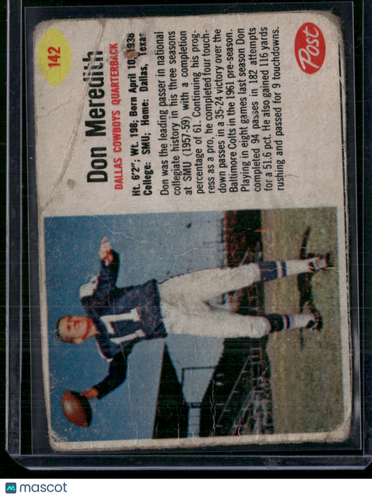 1962 Cereal Box DON MEREDITH #142 Hand Cut Pencil on Back Wrinkles Crease (Good)