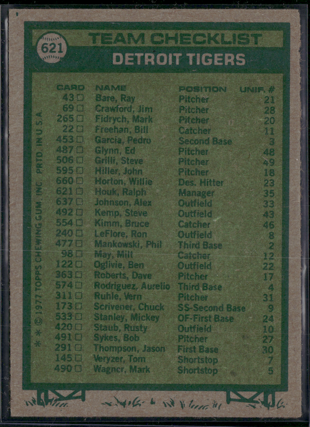 1977 Topps DETROIT TIGERS #621 (EX)