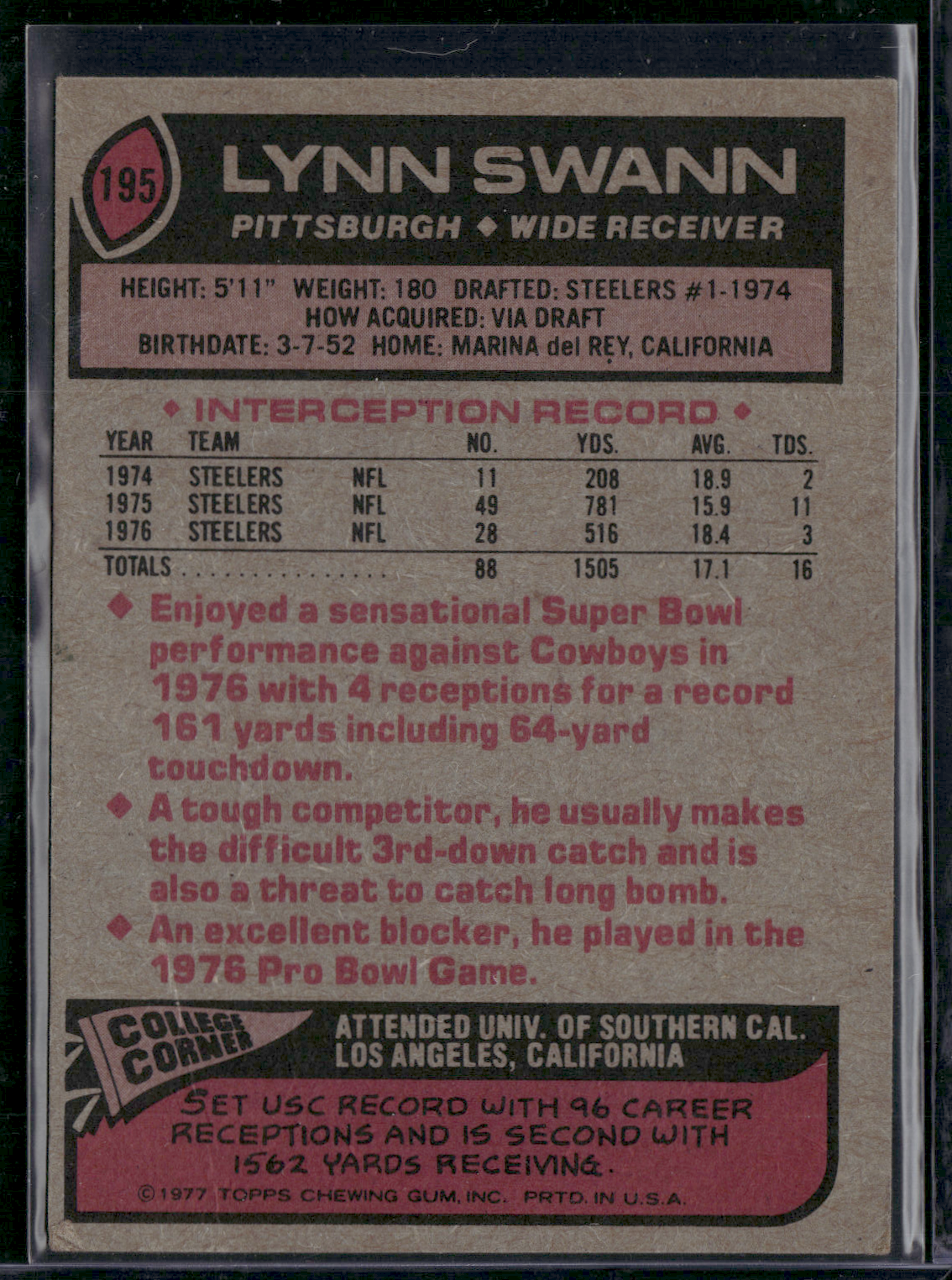 1977 Topps LYNN SWANN #195 (EX)