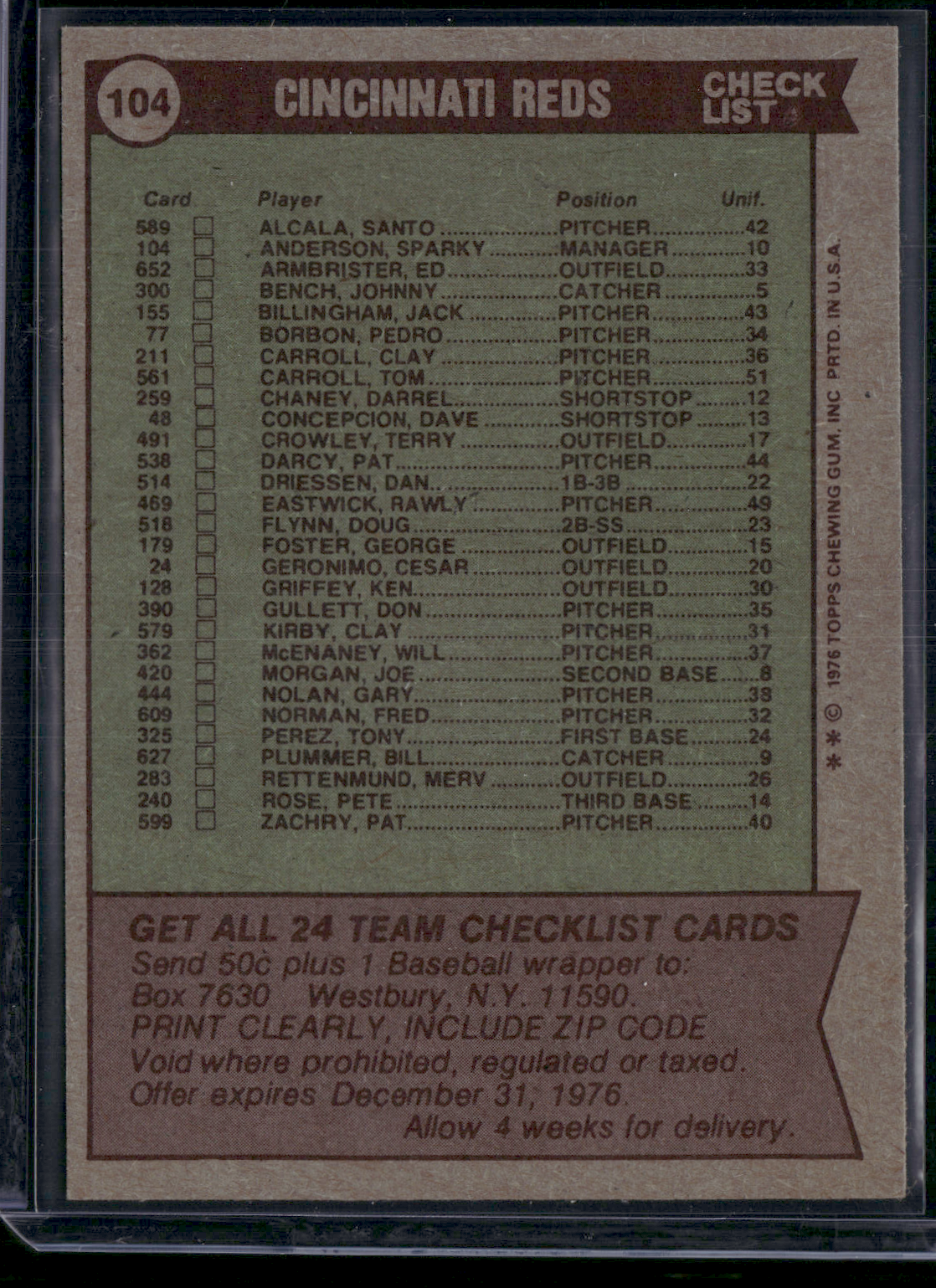 1976 Topps CINCINNATI REDS #104 (EX-EX/MT)