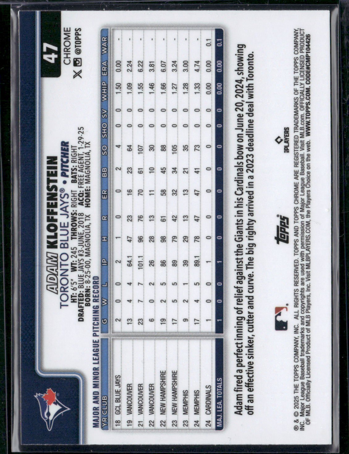 2025 Topps Chrome ADAM KLOFFENSTEIN #47 Geometric Refractor Rookie RC
