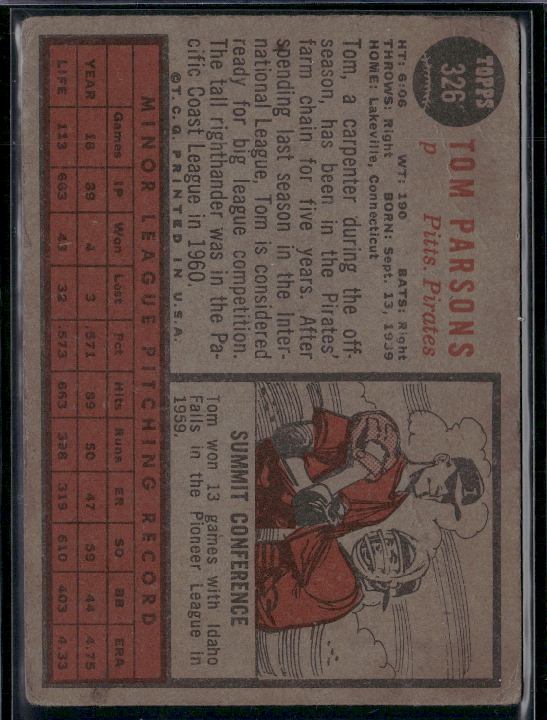 1962 Topps TOM PARSONS #326 Rookie Card RC