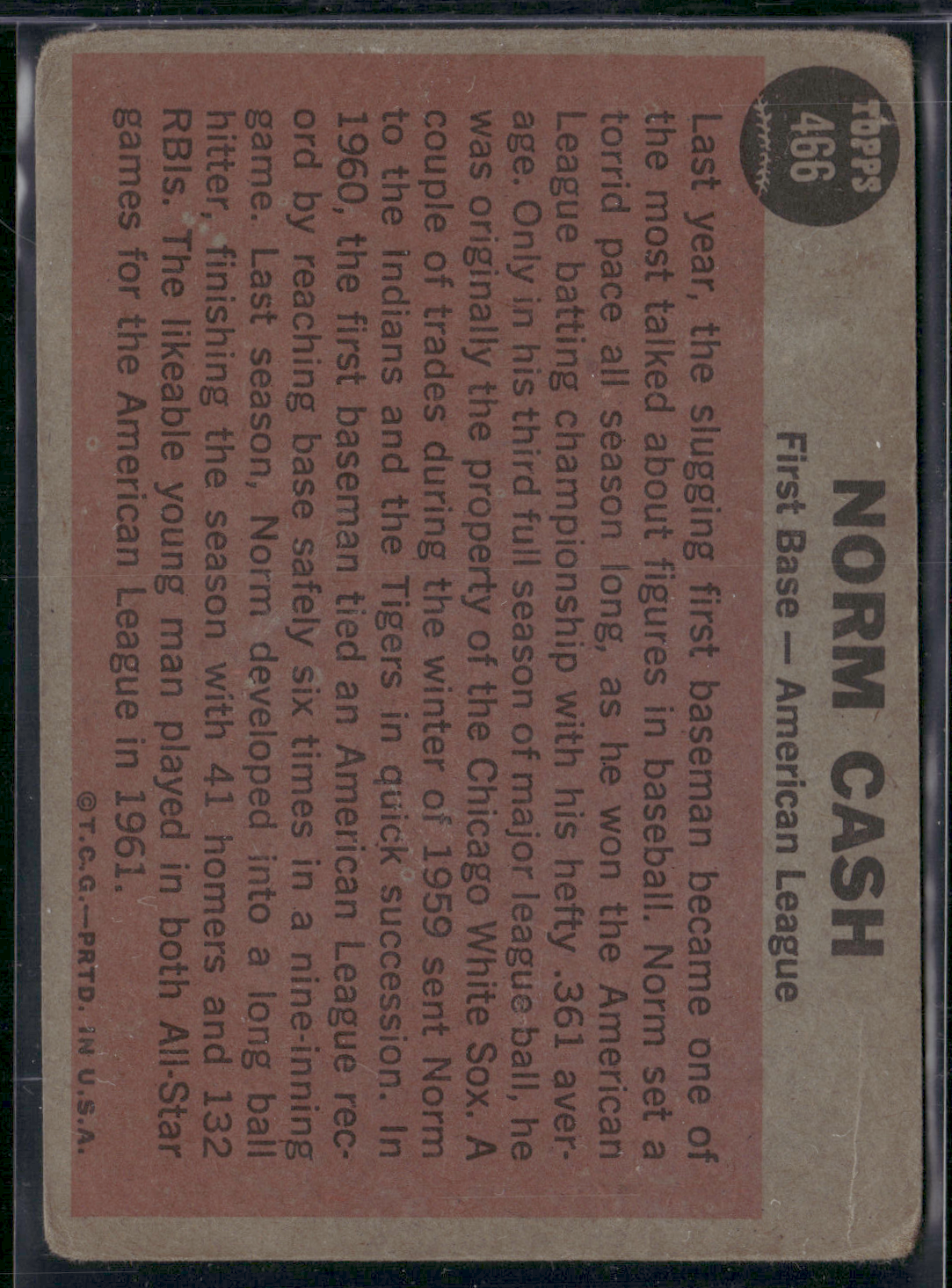 1962 Topps NORM CASH #466 All Star Toning Light Wrinkles (Good)