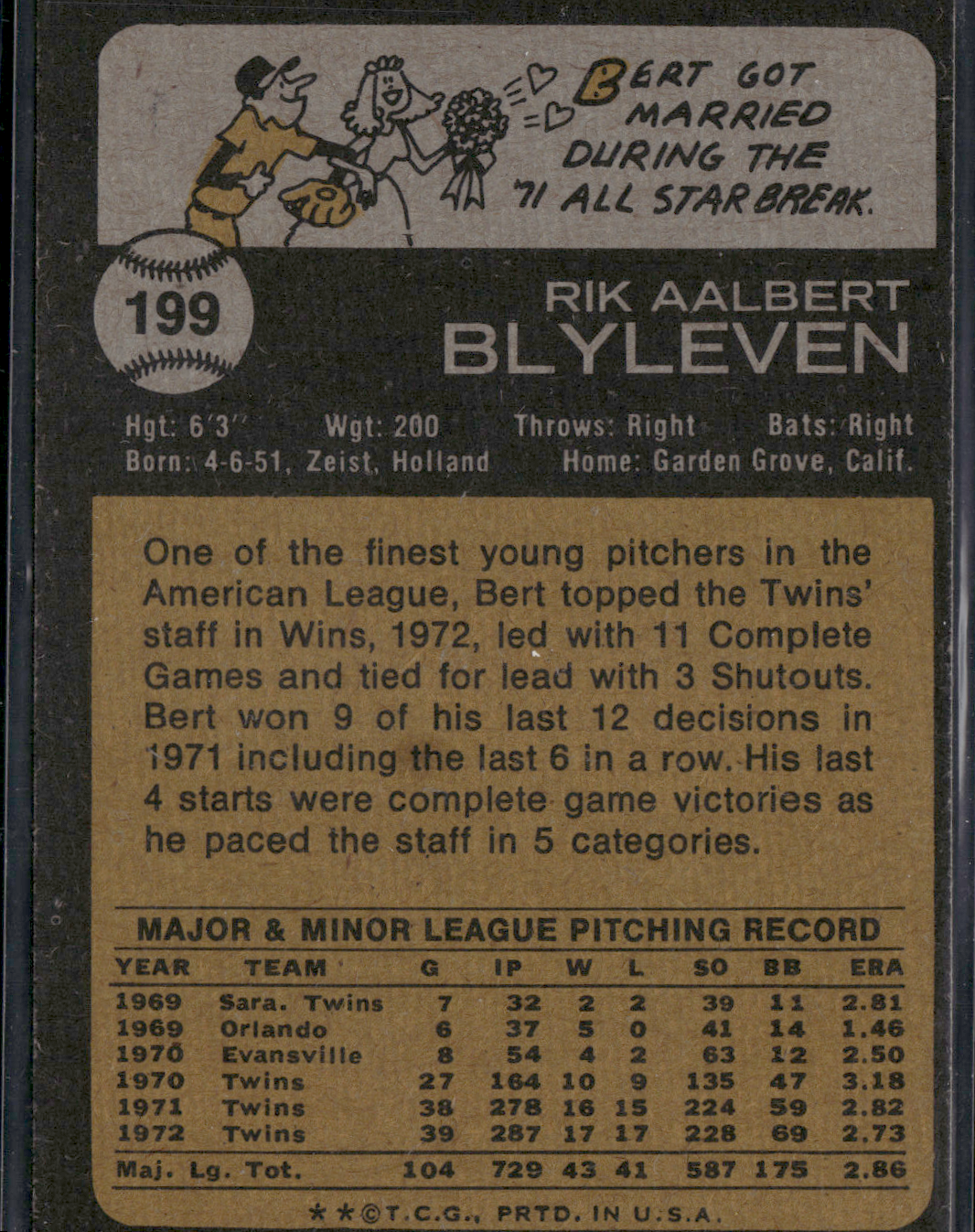1973 Topps BERT BLYLEVEN #199 (VG-EX)