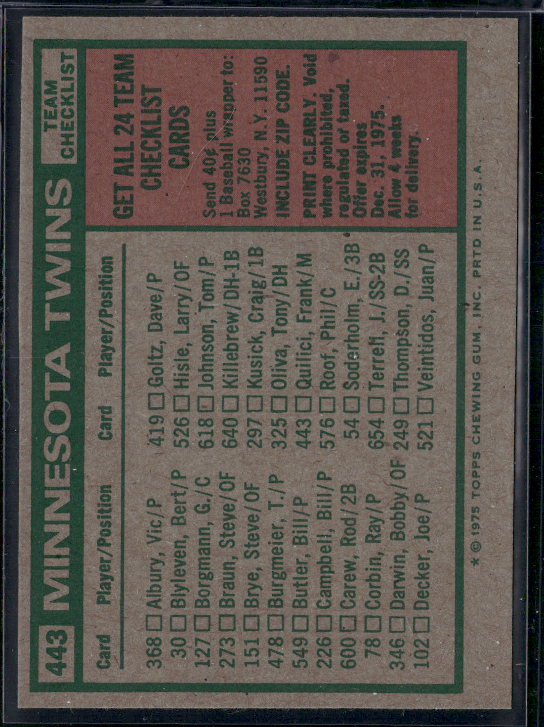 1975 Topps MINNESOTA TWINS #443 (EX-EX/MT)