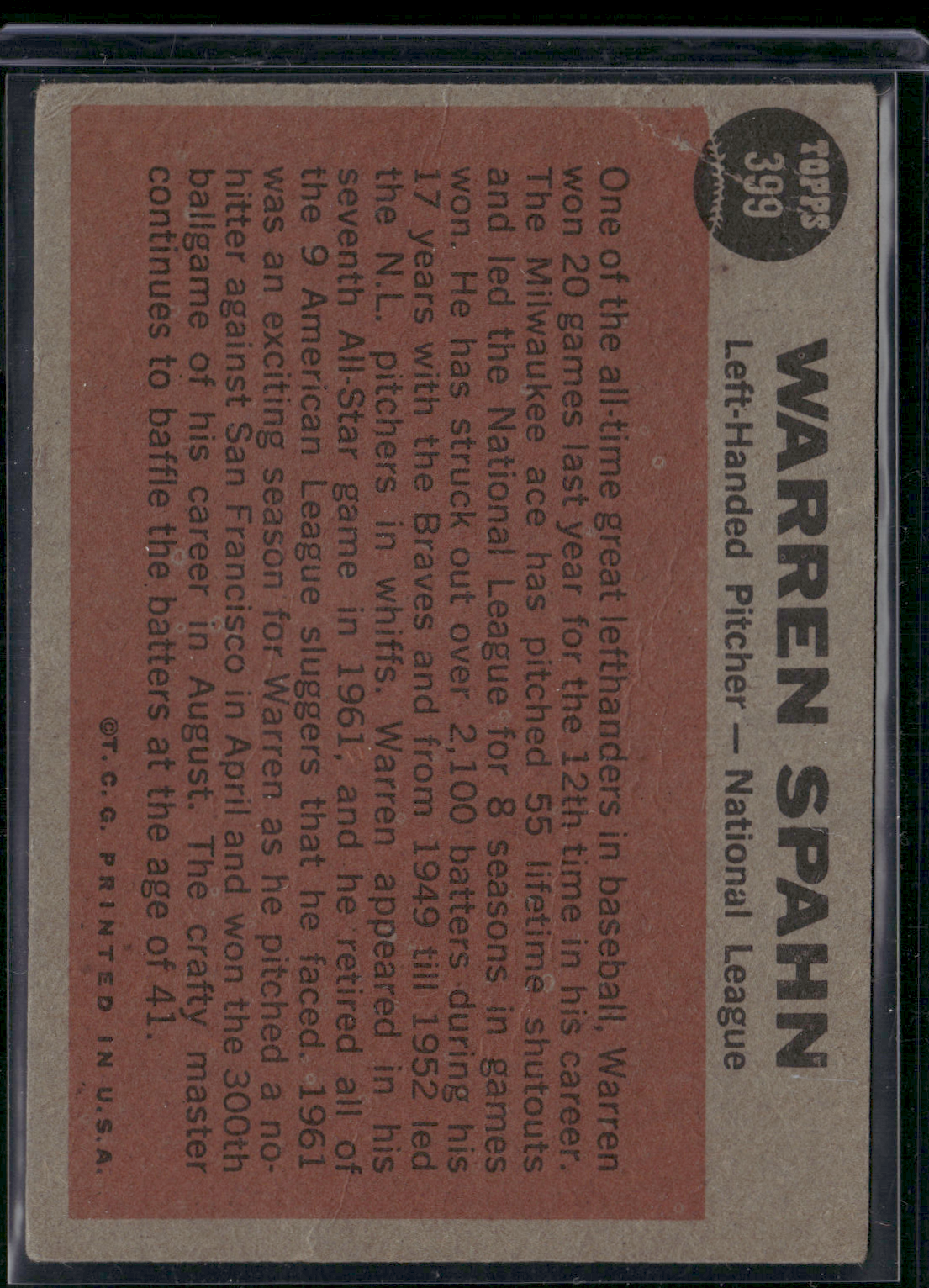 1962 Topps WARREN SPAHN #399 All Star Wrinkles (Good)