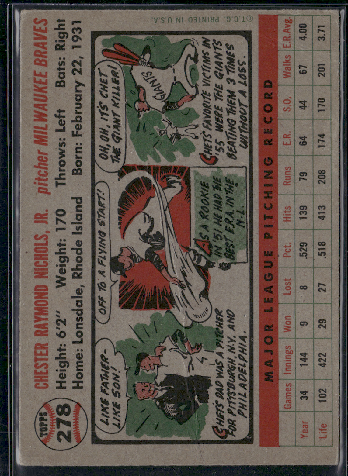 1956 Topps CHET NICHOLS #278 Heavy Wrinkling Crease