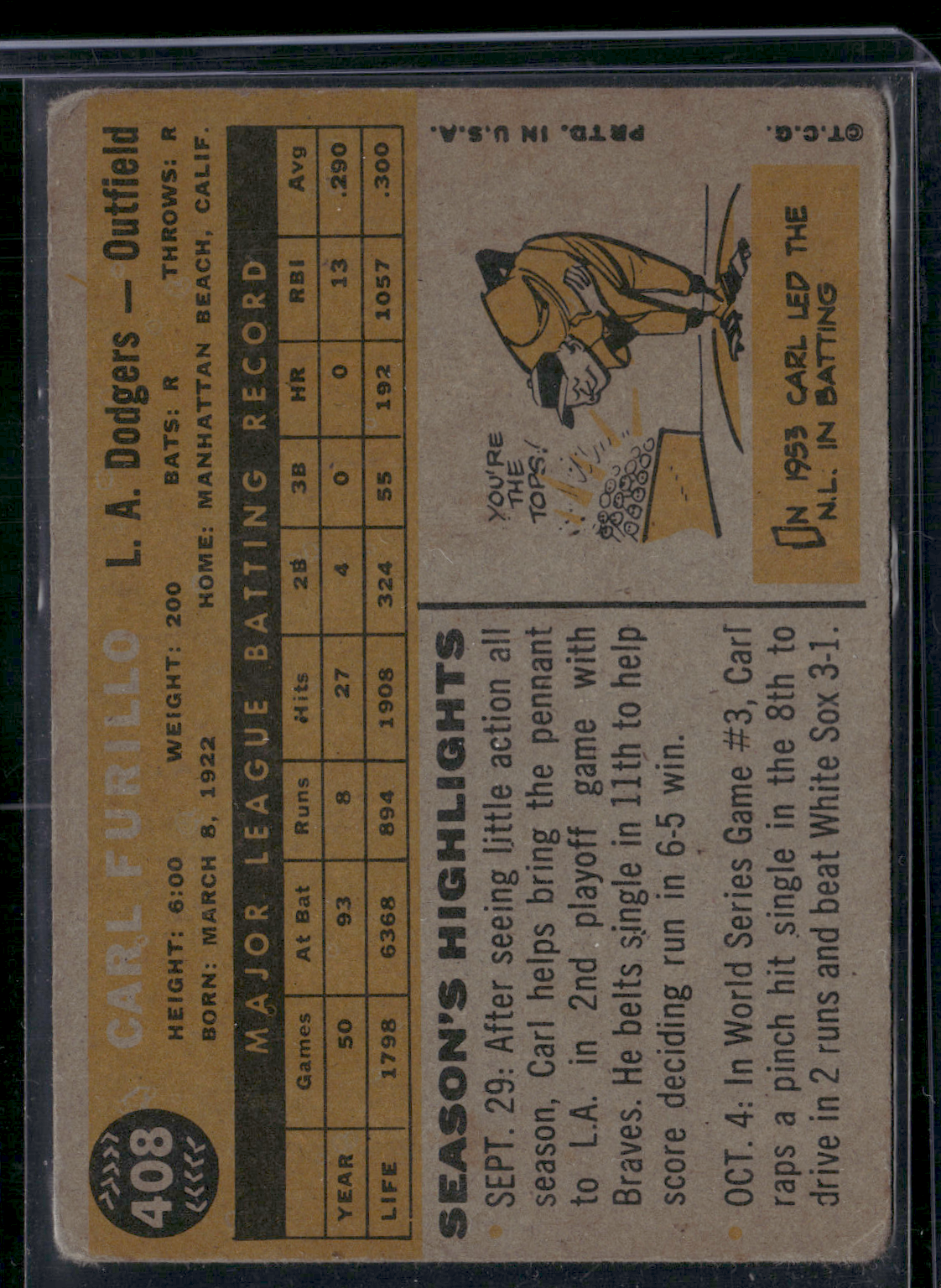 1960 Topps CARL FURILLO #408 Light Wrinkles (Good)