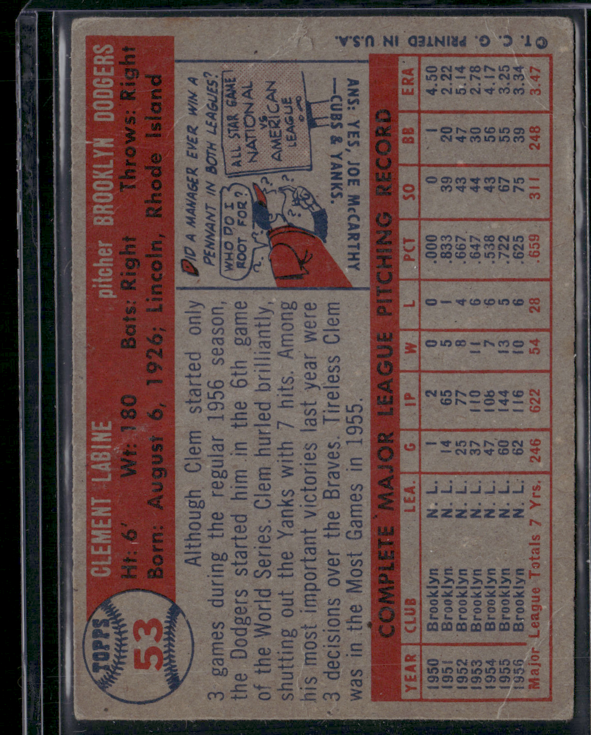 1957 Topps CLEM LABINE #53 Creases and a Tear