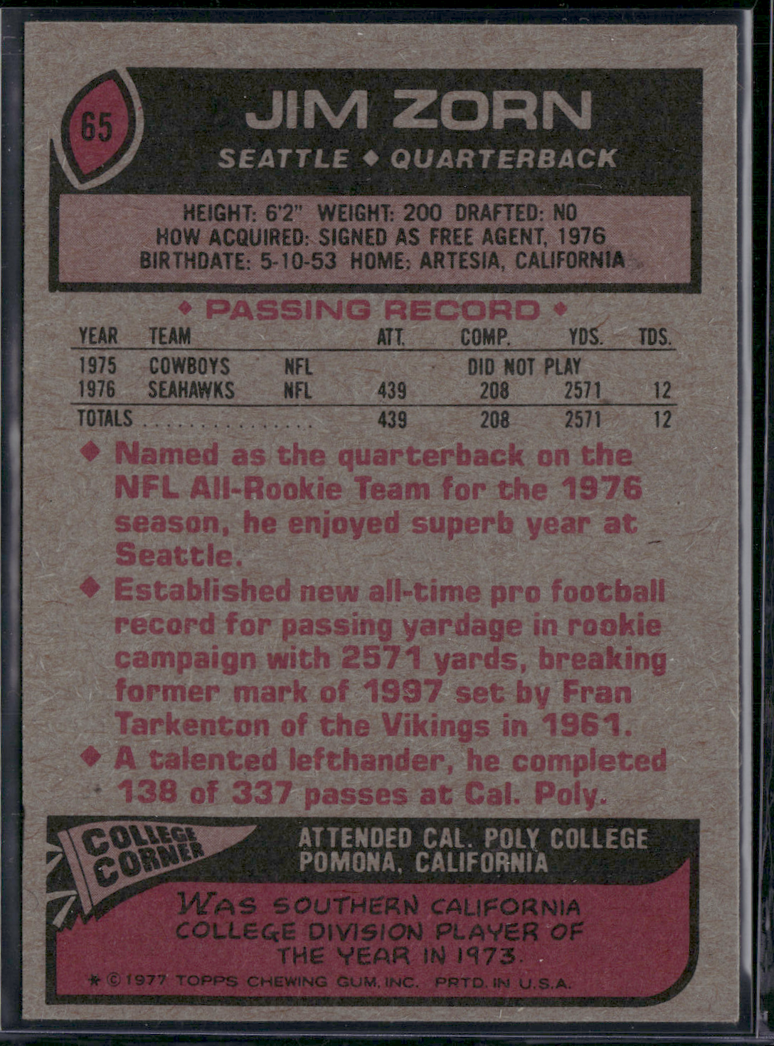 1977 Topps JIM ZORN #65 (EX-EX/MT)