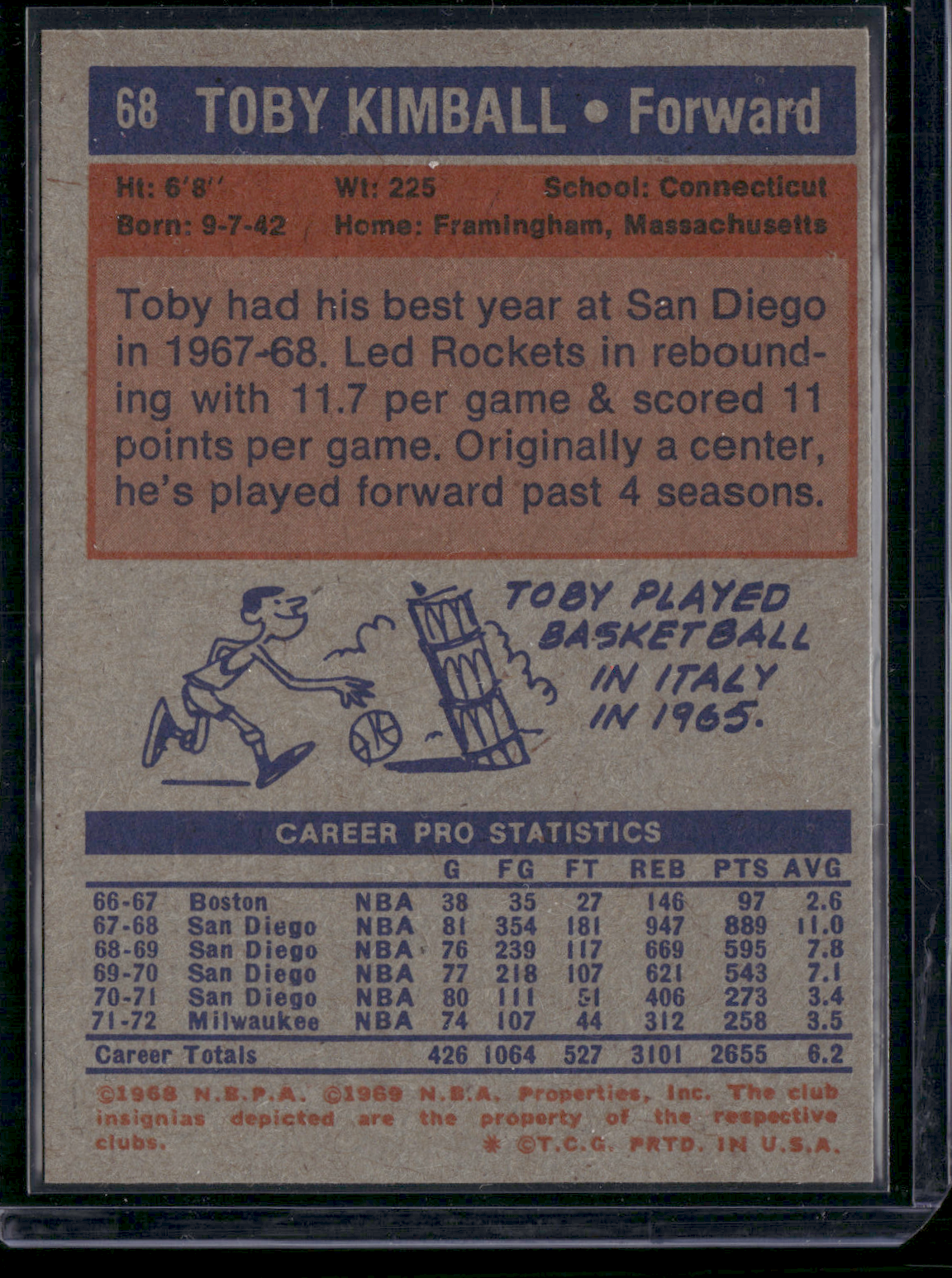 1972 Topps TOBY KIMBALL #68 Wax Stain (EX/MT)
