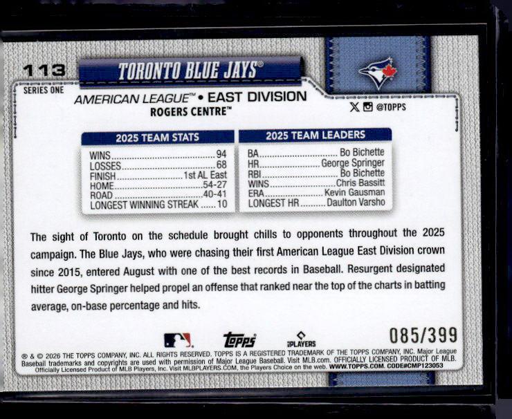 2026 Topps Series 1 TORONTO BLUE JAYS #113 Yellow 85/399
