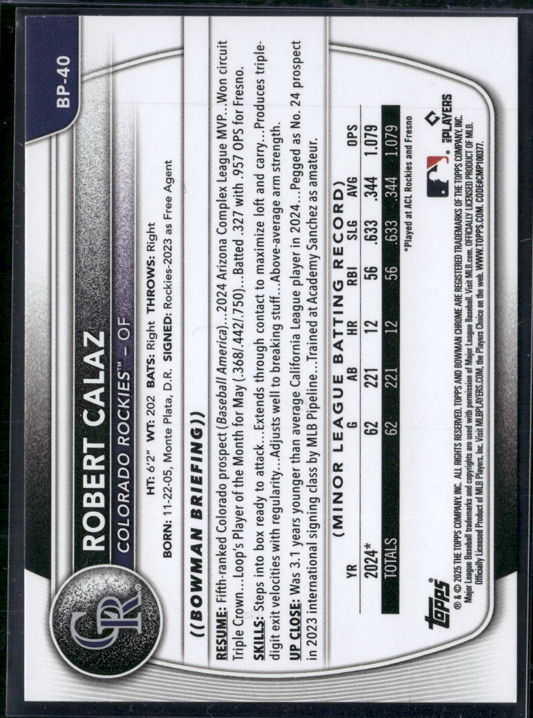 2025 Bowman ROBERT CALAZ #BP-40