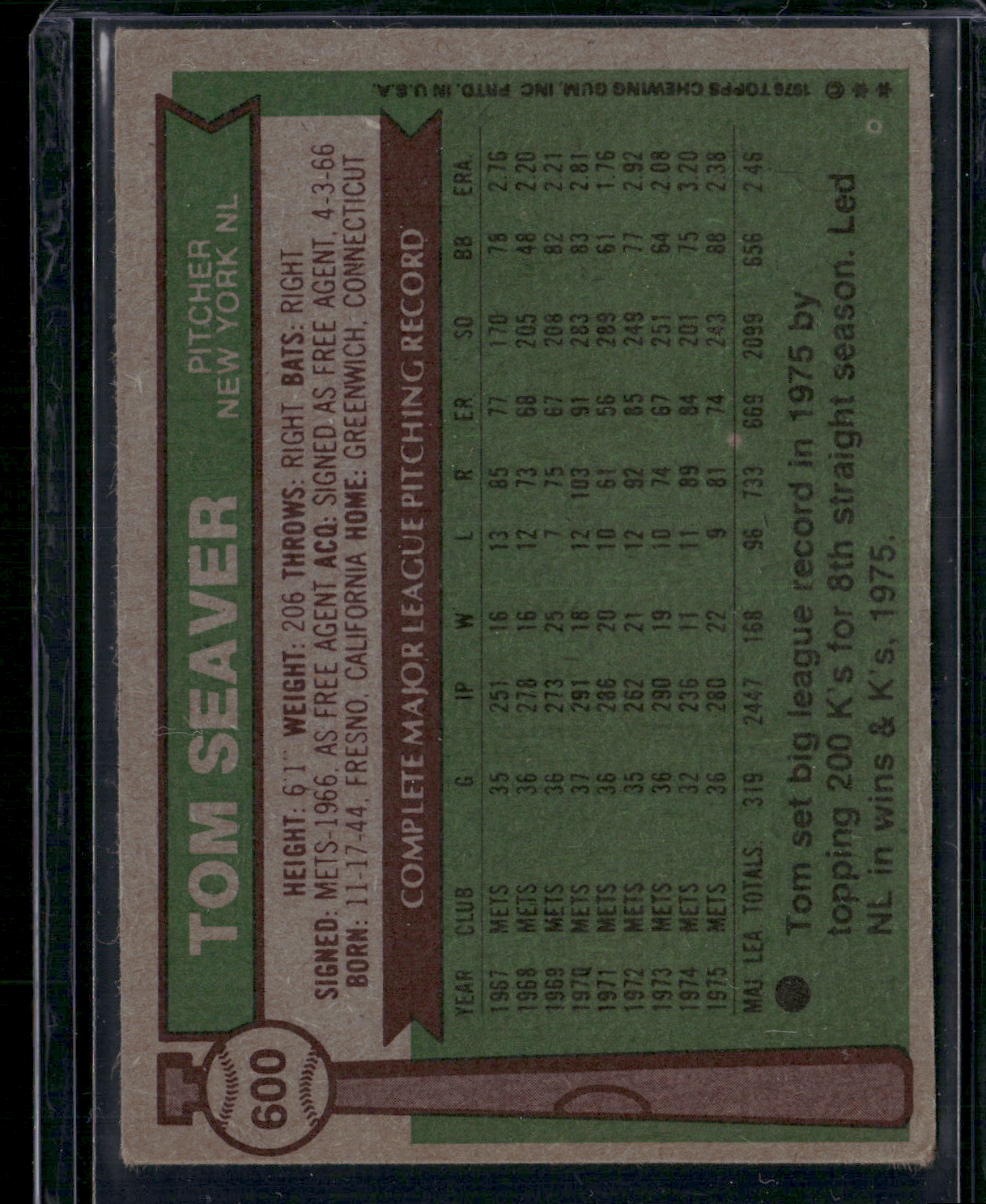 1976 Topps TOM SEAVER #600 Light Wrinkle Back Corner (VG-VG/EX)