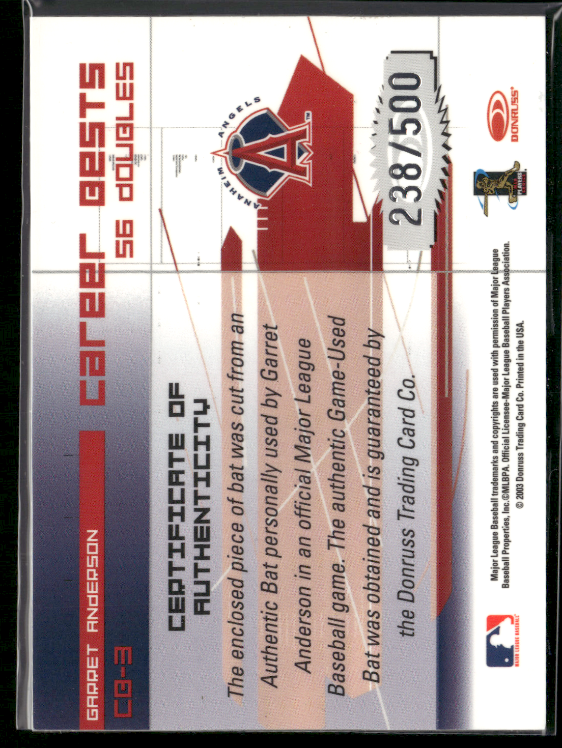 2003 Elite GARRET ANDERSON #CB-3 Career Best 238/500 (NM)