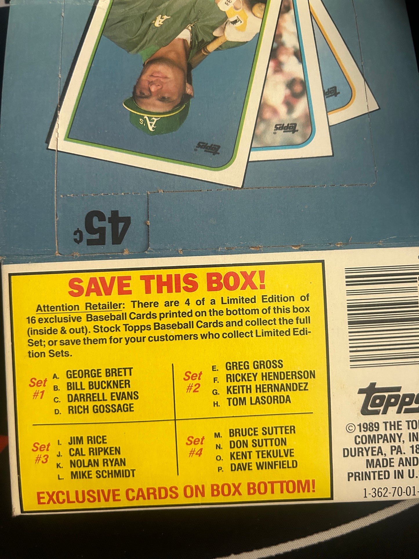 1989 Topps UNCUT 4-CARDS Nolan Ryan/Schmidt/Ripken/Rice Bottom of Hobby Box(EX)