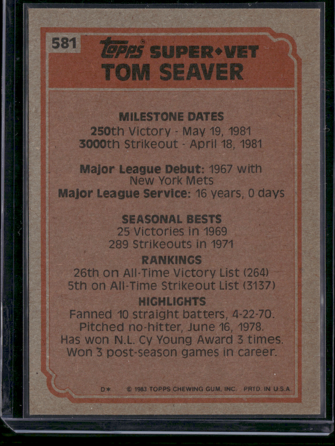 1983 Topps TOM SEAVER #581 Super Veteran (NM)