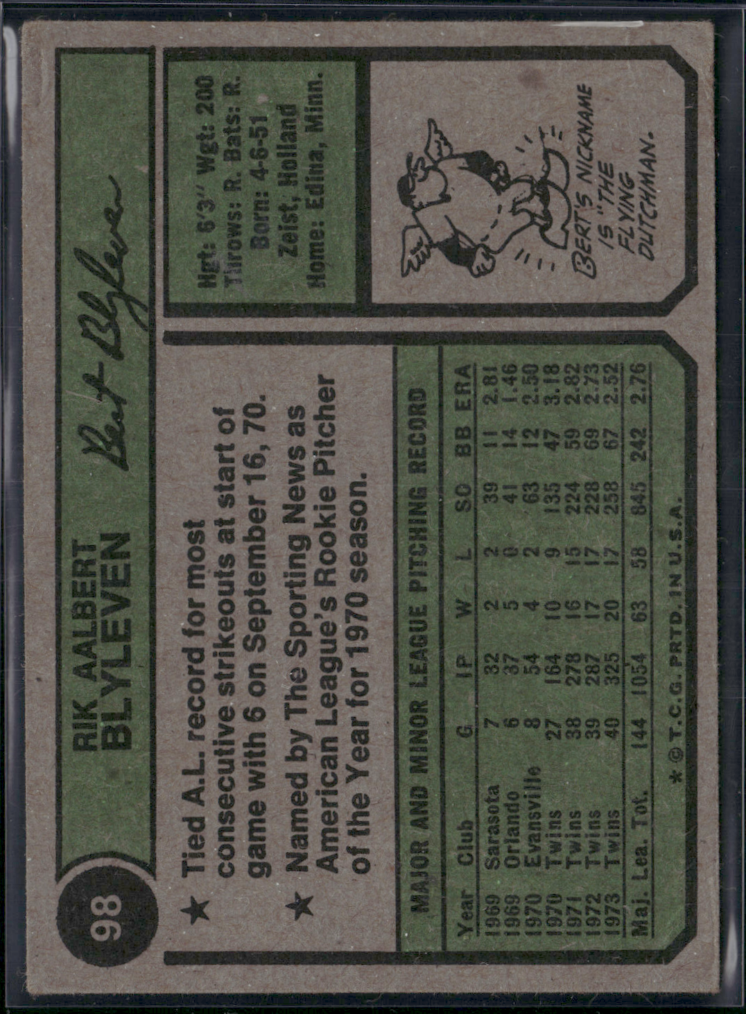 1974 Topps BERT BLYLEVEN #98 Corner Crush (VG)