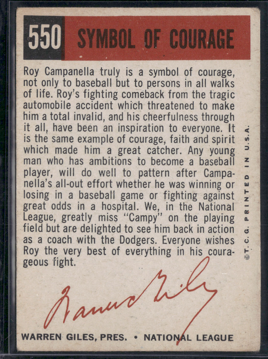 1959 Topps ROY CAMPANELLA #550 SYMBOL OF COURAGE