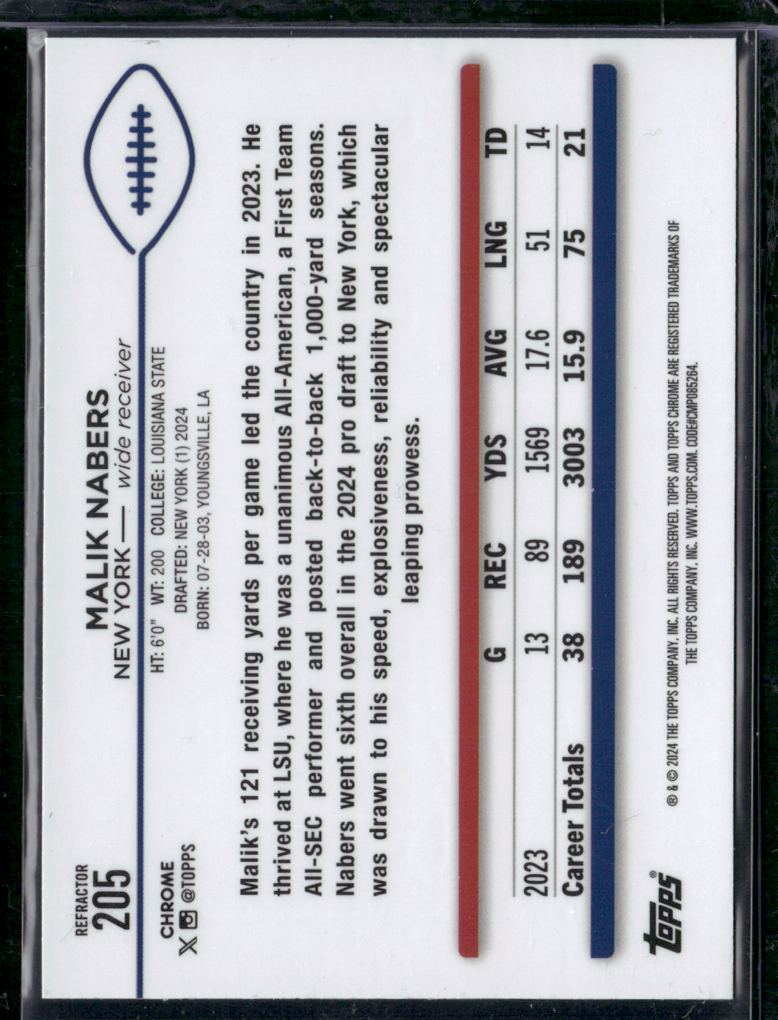 2024 Chrome MALIK NABERS #205 Rainbow Refractor Rookie RC (NM)