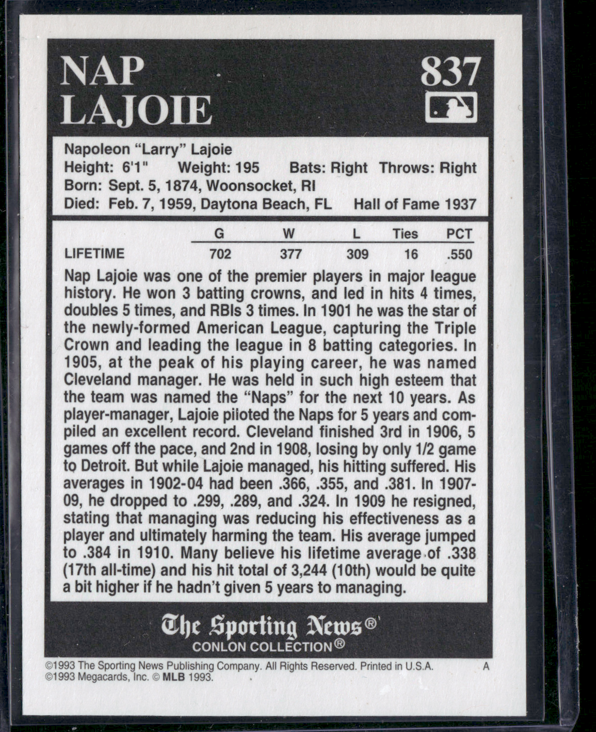 1993 Conlon Collection NAP LAJOIE #837 (EX)