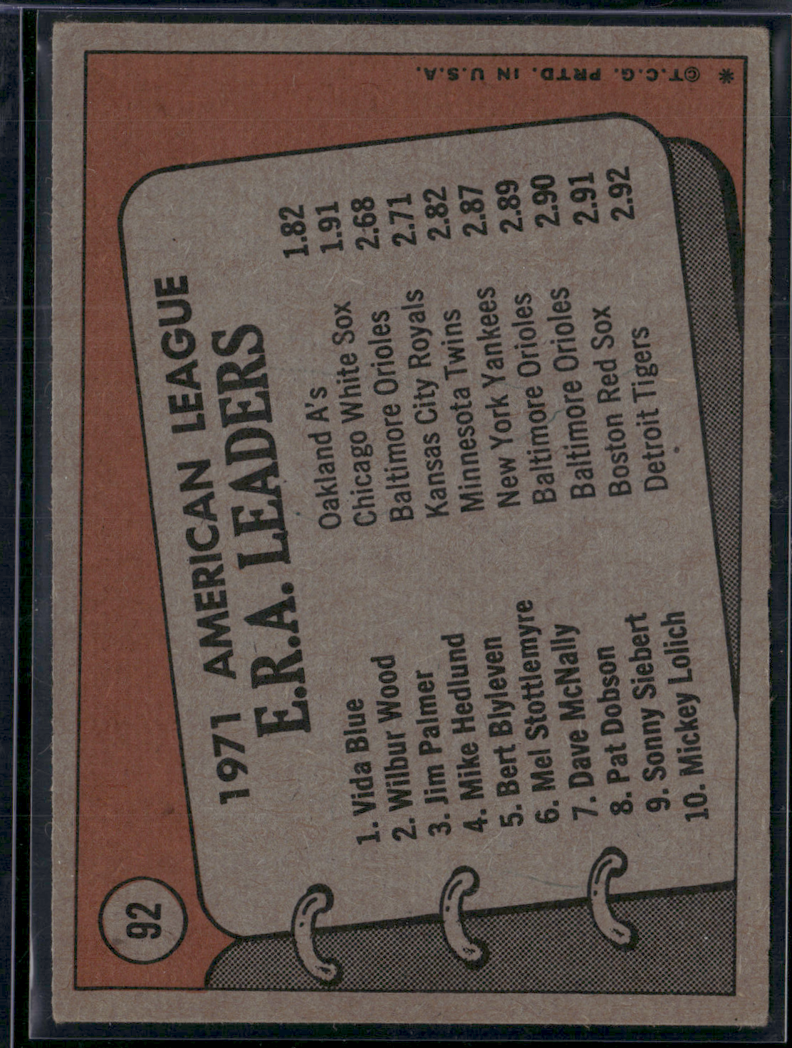 1972 Topps JIM PALMER/VIDA BLUE/WILBUR WOOD #92 1971 AL ERA Leaders (VG/EX)