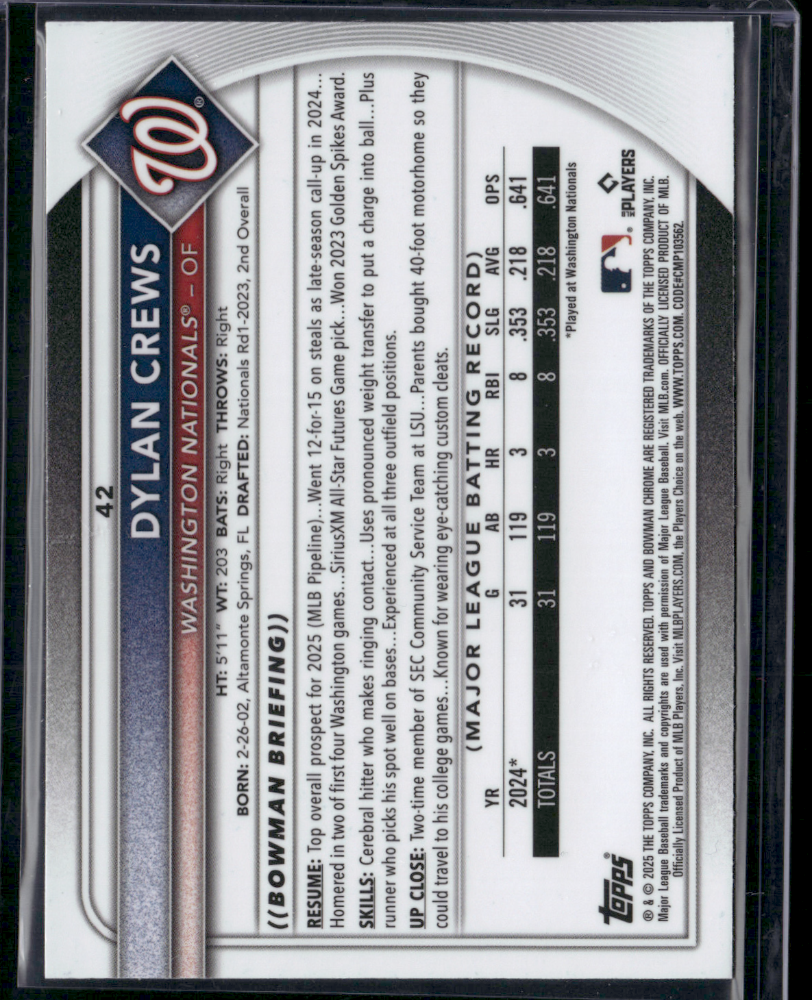 2025 Bowman DYLAN CREWS #42 Chrome Mojo Rookie RC