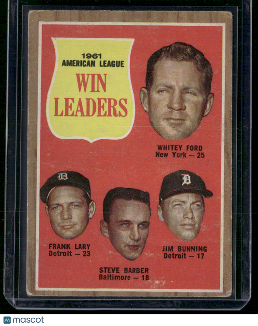 1962 Topps WHITEY FORD/JIM BUNNING/LARY/BARBER #57 1961 AL Win Leaders (Good)
