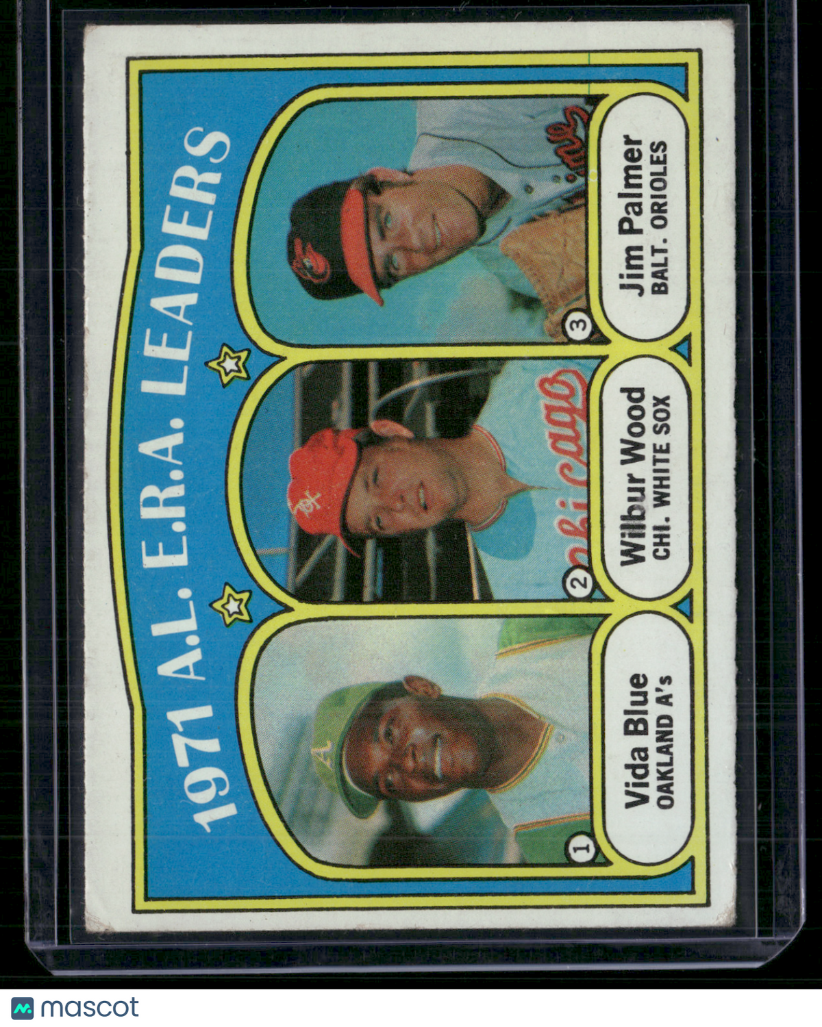 1972 Topps JIM PALMER/VIDA BLUE/WILBUR WOOD #92 1971 AL ERA Leaders (VG/EX)