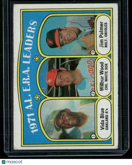 1972 Topps JIM PALMER/VIDA BLUE/WILBUR WOOD #92 1971 AL ERA Leaders (VG/EX)