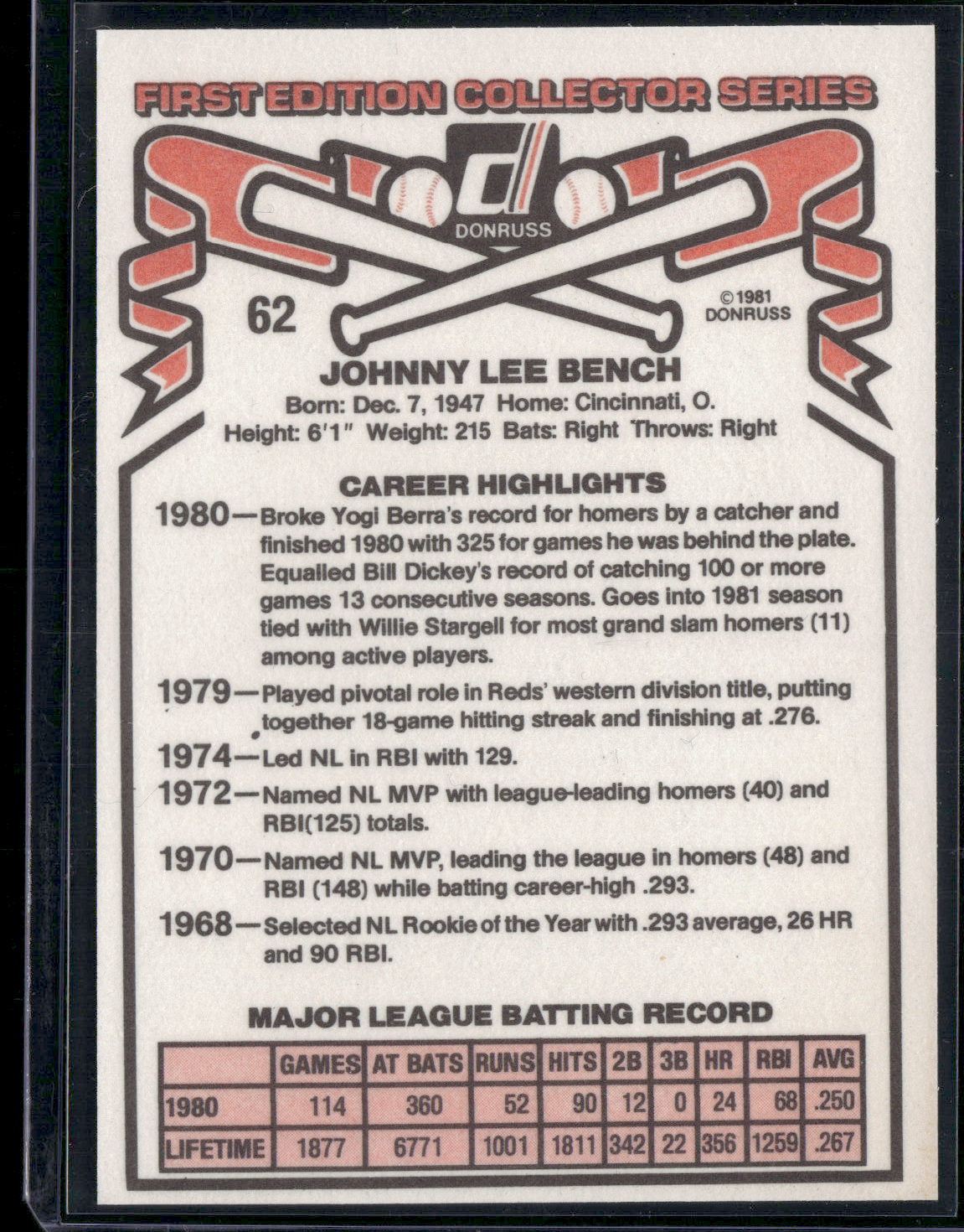 1981 Donruss JOHNNY BENCH #62 (NM)