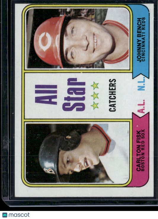 1974 Topps JOHNNY BENCH/CARLTON FISK #331 All Star Catchers Print Snow (EX)